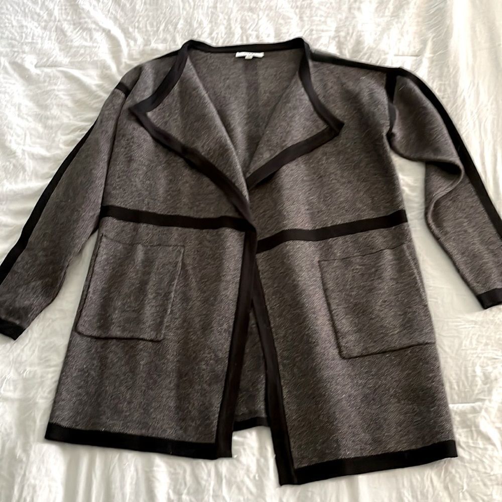 Sioni Black Gray Open Front Cardigan Contrast Trim Jacket Size S